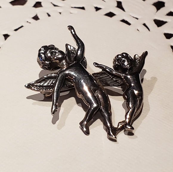 Sterling Angels Cherub pair Pin Brooch - Picture 3 of 10
